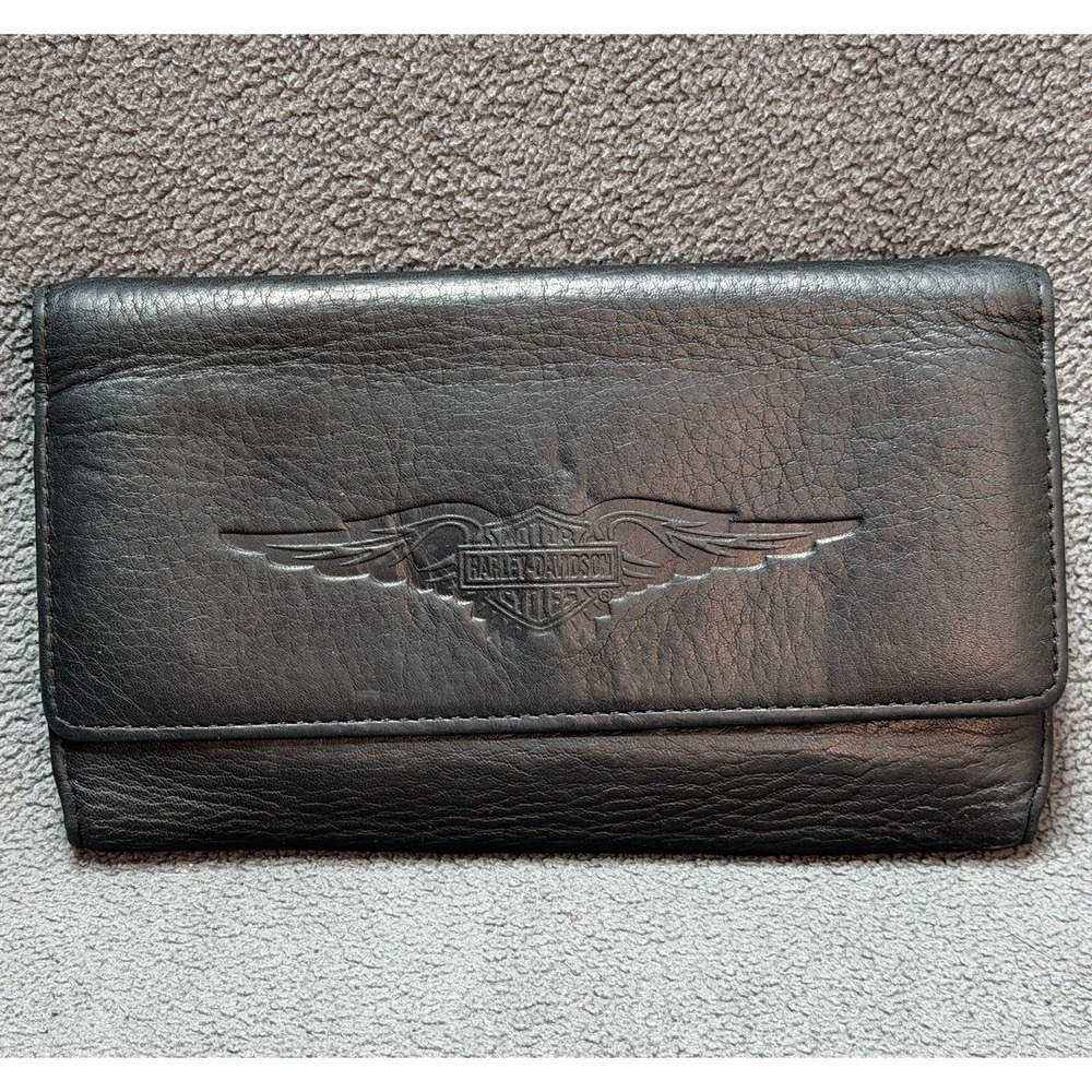 Vintage Harley Davidson Checkbook Wallet Leather Tri-fold Black Embossed Logo